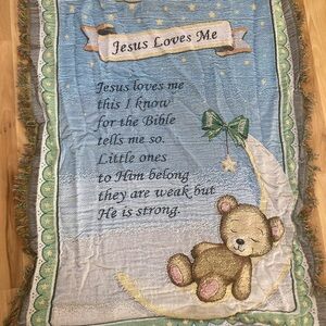 Blue and Beige Baby Blanket with Bear Design